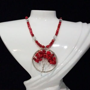Red Coral Tree of Life Silvertone Necklace